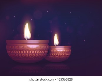 Glossy realistic illuminated Oil Lamps (Diya), Creative glowing festive background, Elegant Greeting Card design, Beautiful illustration for Indian Festival of Lights, Happy Diwali celebration.