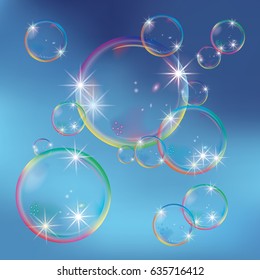 Glossy realistic and translucent aqua bubble illustration on blue background