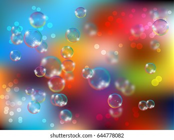 Glossy realistic and translucent soap bubble with glowing sparkles illustration on light background.