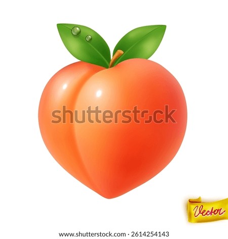 Glossy realistic vector peach with two green leaves and fresh water drops. Isolated on white background. Perfect for healthy food ads, fruit packaging, summer concepts, and organic branding