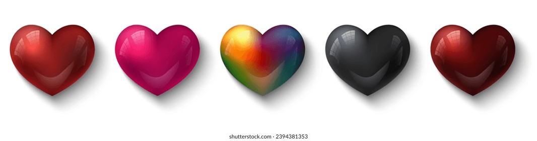 Glossy red 3d heart set isolated on white background. Valentine's Day love icons set. Red, pink, black and rainbow color heart icon. Romantic vector illustration