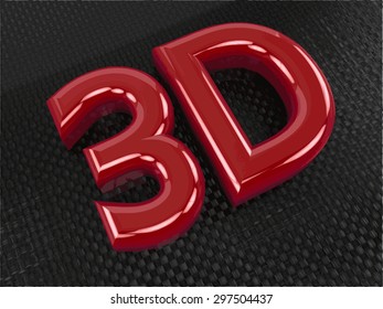 Glossy red 3D logo on carbon background with reflection effect. Vector illustration.