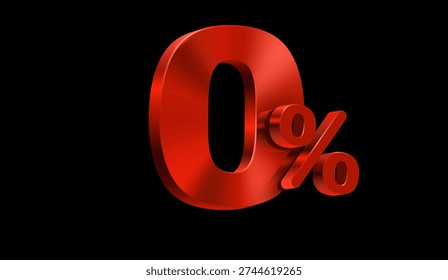 Glossy Red 3D Zero Percent Symbol, isolated on black background for promotions, finance, and marketing. Vector illustration
