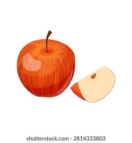 A glossy red apple with a cut slice shows pale flesh and a visible seed. Ideal for food packaging, nutrition ads, grocery labels, menus, posters, recipes, and web promotions.