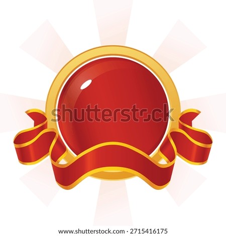 Glossy red badge with a golden border and ribbon design.