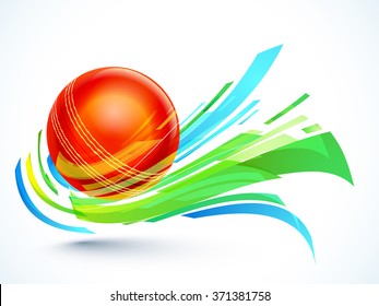 Glossy red Ball with abstract design on grey background for Cricket Sports concept.