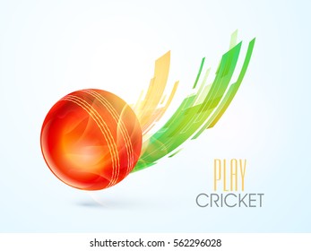 Glossy red ball in fire on abstract background for Cricket Sports concept.