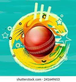 Glossy red ball in fire with wicket stumps for Cricket on stylish colorful background.