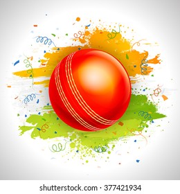 Bola roja brillante sobre azafrán y pintura verde en el fondo del concepto de Deportes de Cricket.