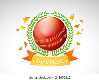 Glossy red ball surrounded by laurel wreath for Cricket on grey background.