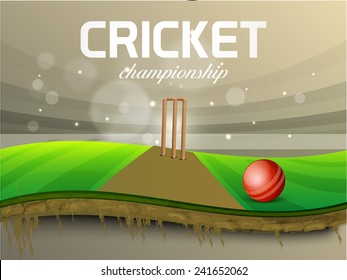 Glossy red ball and wicket stumps in stadium for Cricket Championship.