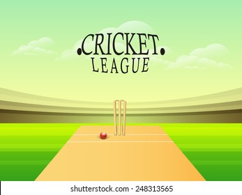 Glossy red ball with wicket stumps on stadium for Cricket League concept.