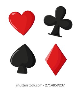 Glossy red and black playing card suit symbols in a cartoon style on white background. Concept of gambling, gaming, or casino theme. Vector illustration