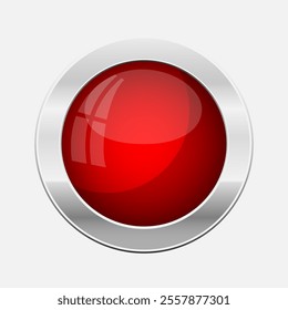 Glossy red button with metallic silver bezel. Suitable for interfaces, icons or control panels. Vector illustration.