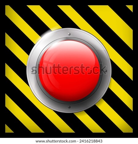 Glossy red button on yellow-black striped background - vector illustration