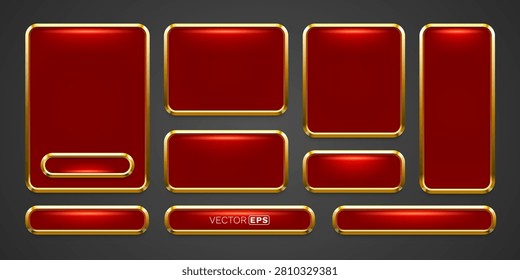 Glossy red buttons and frames with golden borders. This elegant set offers various shapes and sizes. Vector illustration