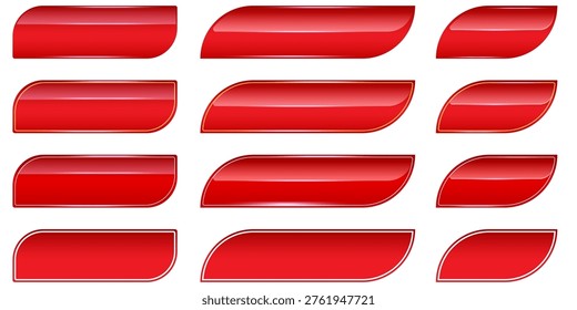 glossy red buttons set with slanted edges. 3D realistic scarlet web buttons elements with white and gold borders. Modern asymmetric horizontal buttons icons isolated on white interface and game design