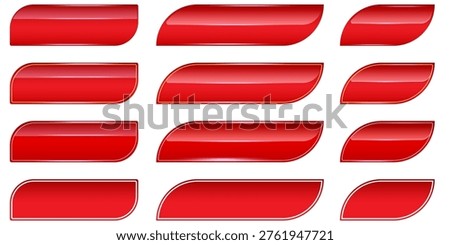 glossy red buttons set with slanted edges. 3D realistic scarlet web buttons elements with white and gold borders. Modern asymmetric horizontal buttons icons isolated on white interface and game design