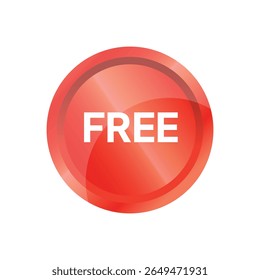 A glossy, red circular badge with a white "FREE" text centered, illuminated with a gradient, floats against a stark white background, conveying a promotional mood.