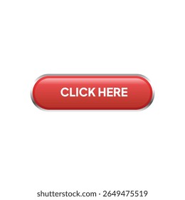 A glossy, red "CLICK HERE" button, centrally positioned, features white text and a subtle silver border, set against a stark white background, conveying simplicity.