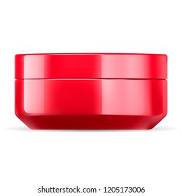 Glossy red cosmetic cream jar mockup template. Cosmetics packaging glass or plastic made with lid. Blank container for cream, salt, ointment, gel, butter, skin care, powder. Vector illustration.