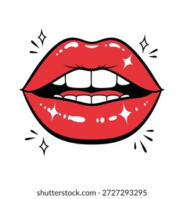 Glossy red female lips open showing teeth with stars for valentines day beauty and fashion advertisement design