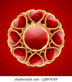 Glossy red and golden romantic rosette made of hearts isolated on background