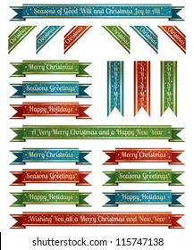 glossy red, green and blue christmas ribbons with seasonal messages, isolated on white