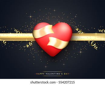Glossy Red Heart with Golden Ribbon, Elegant Greeting Card design for Happy Valentine's Day celebration.