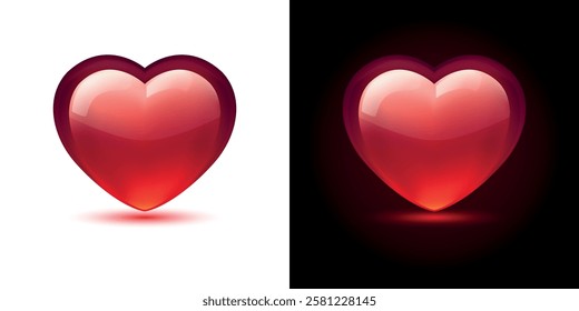 Glossy red heart isolated on white and dark background. Mesh gradient icon. Love romantic design. Template for holiday cards, Valentine's day, happy wedding