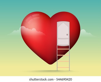 Glossy Red Heart with ladder on cloudy background for Happy Valentine's Day Celebration.