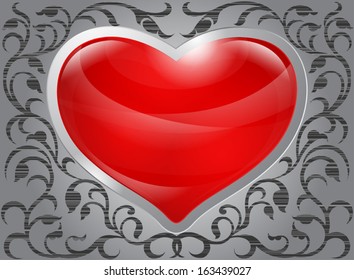 Glossy red heart with pattern on steel background