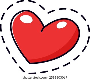 Glossy red heart shape featuring a black stroke and dashed line contour, symbolizing love, romance, and the joyful celebrations of Valentine s Day