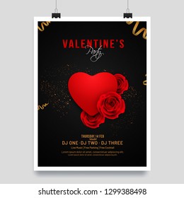 Glossy red heart shape and rose flower illustration on black background for Valentine's Day flyer or invitation card design.