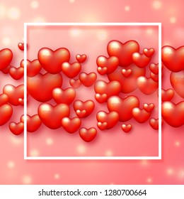 Glossy red heart shapes decorated on blurred background for valentine's day celebration template or greeting card design.