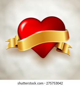 Glossy red heart and shiny golden ribbon on paper background. Vector illustration with place for your message.