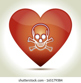 Glossy red heart with skull and shadow on light background.