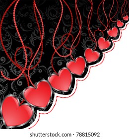 glossy red hearts hanging diagonal on black and white background