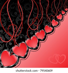 glossy red hearts hanging diagonal on black and red background