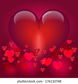 Glossy red hearts on red background