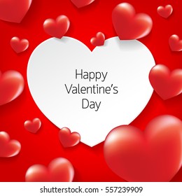 Glossy red hearts with white heart frame. Happy Valentine's day concept.