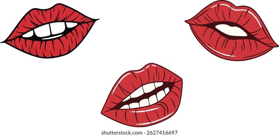 Glossy Red Lips Collection: Expressive Mouth Gestures Vector Set