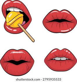 Glossy red lips set, biting yellow candy, kiss expressions, makeup illustration.