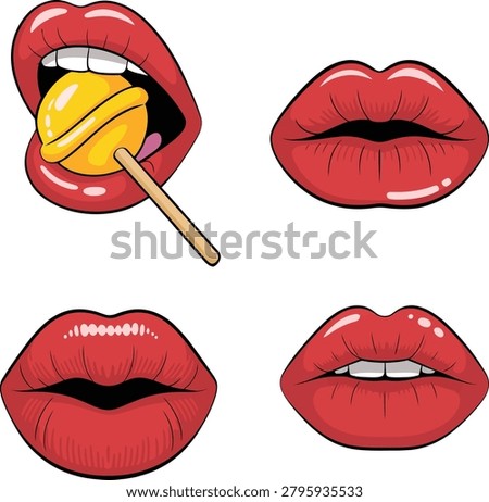 Glossy red lips set, biting yellow candy, kiss expressions, makeup illustration.