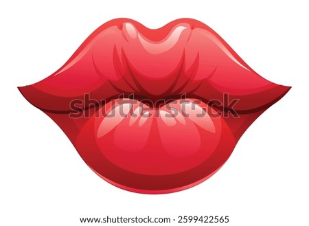 Glossy red lips with shiny, showing a close up view of a kiss, plump appearance. Vector cartoon illustration