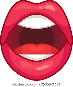 Glossy red lips are slightly open, showing teeth and tongue, perhaps talking, singing, or shouting