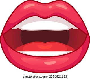 Glossy red lips slightly parted, showing teeth and tongue, expressing speech, singing, or surprise