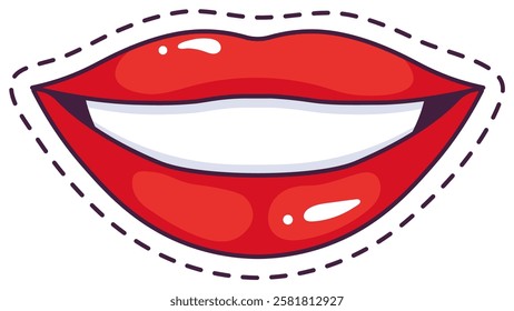 Glossy red lips smiling brightly, revealing white teeth, create a pop art style beauty and fashion illustration, complete with a playful dashed line accentuating the mouth