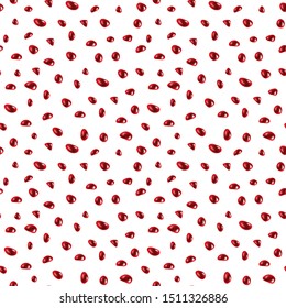 Glossy red liquid droplets (splatters). Vector Mosaic of garnet seeds for Rosh Hashanah. Realistic sweet Pomegranate grains seamless natural pattern. Juice, wine or blood 3d endless template 