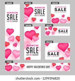 Glossy red and pink heart shapes decorated header and banner set with 70% discount offer for Valentine's Day sale.